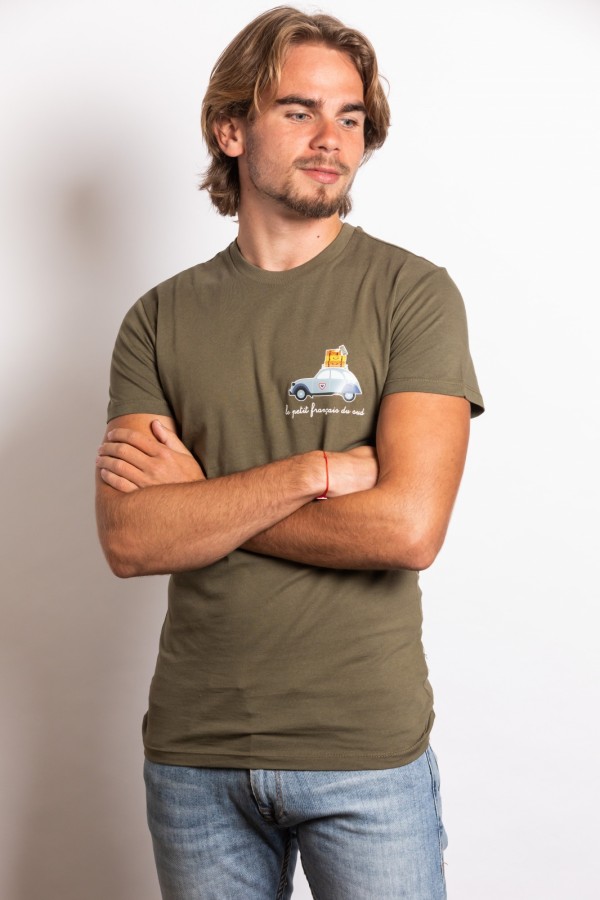 Tee-shirt kaki, la petite 2CV voyage 