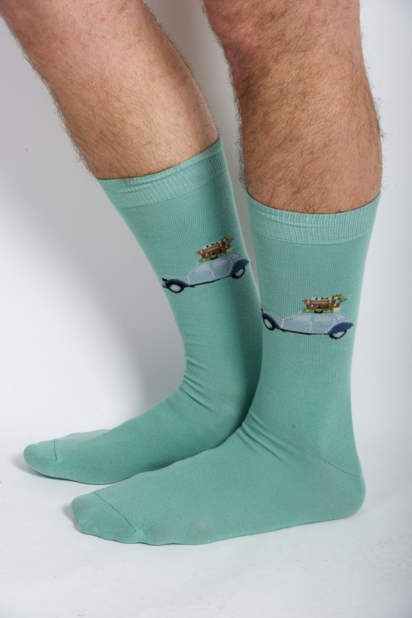 Chaussettes 2CV vert d'eau avec les malles