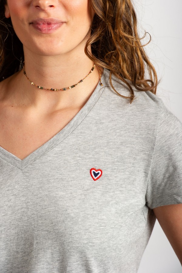 T-shirt col V gris chin dtails