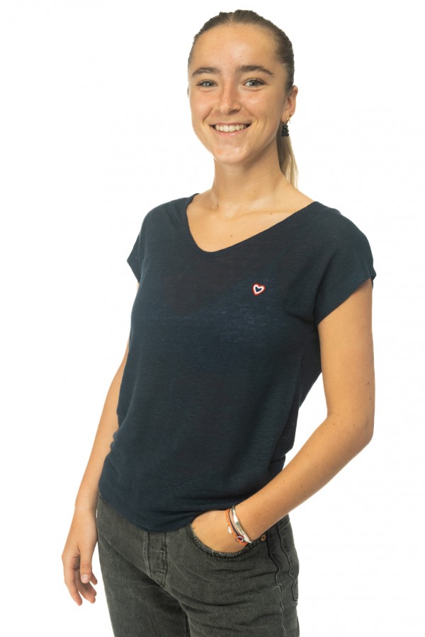 Tee-Shirt col V en lin marine femme