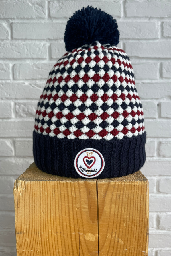 Bonnet marine carreaux blanc et rouge pompon